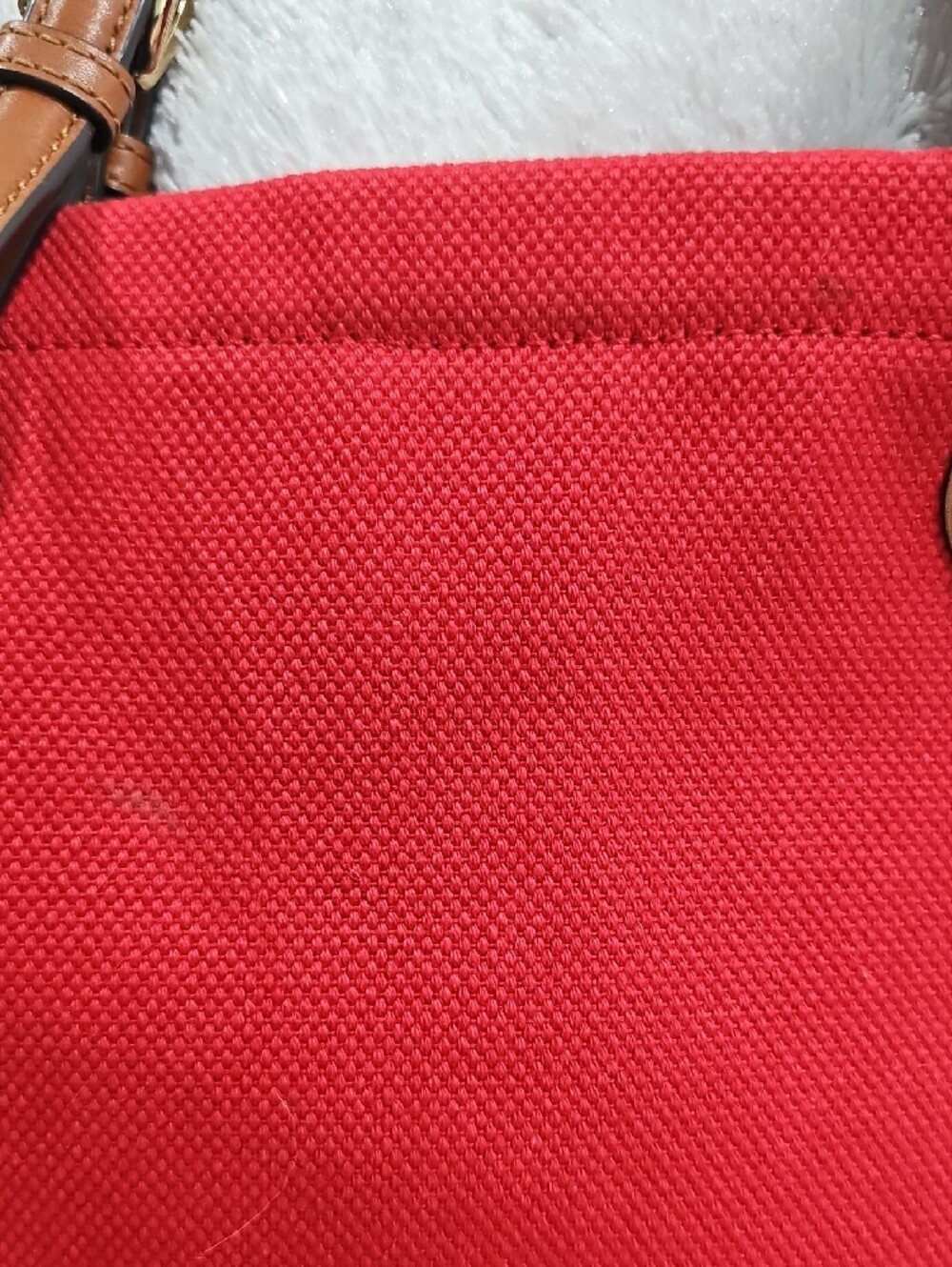 Michael Kors Red Canvas Tote with Brown Leather Handles and Gold MK Charm - Picture 8 of 17